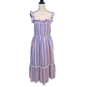 Crown & Ivy Pastel Stripe Smocked Tiered Pom Pom Dress Size Large